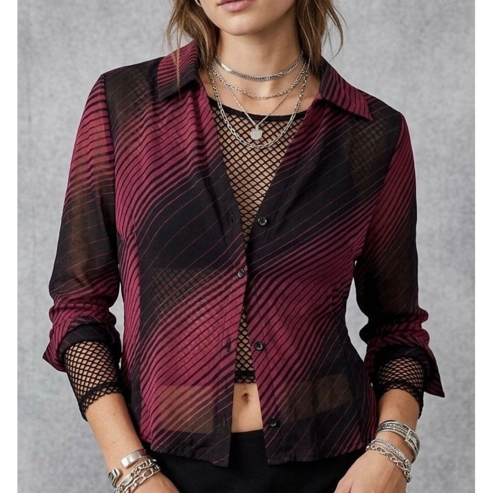 UO Burgundy Black Stripe Sheer Chiffon Button Down Top Large Indie Sleaze Grunge